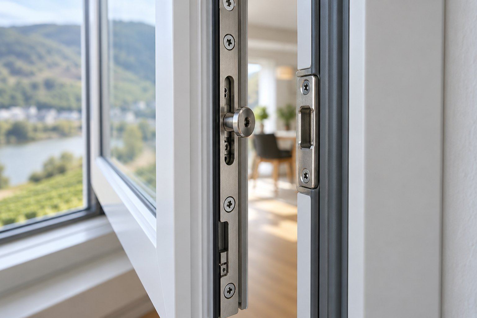 Geöffneter weißer Fensterflügel im Detail: Treibstange mit Verriegelungszapfen und Schließstück am Rahmen