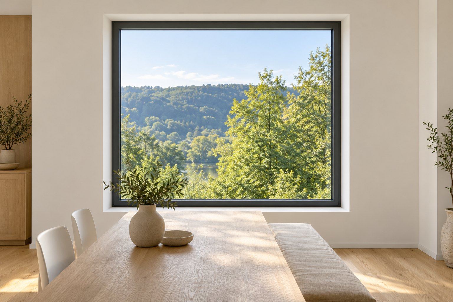 Großes Fenster mit anthrazitfarbenem Rahmen in einem hellen Essbereich, daneben eingezeichnete Maßlinien für Breite und Höhe