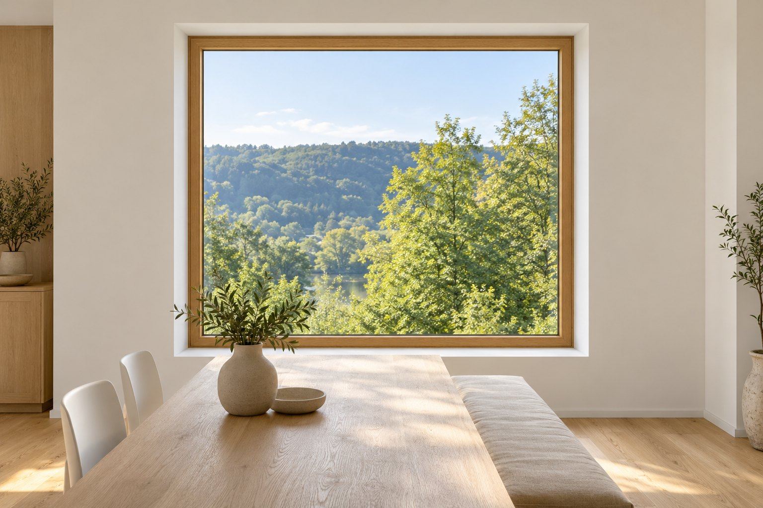 Essbereich mit großem Fenster, Rahmenfarbe Eiche (Farbsimulation)