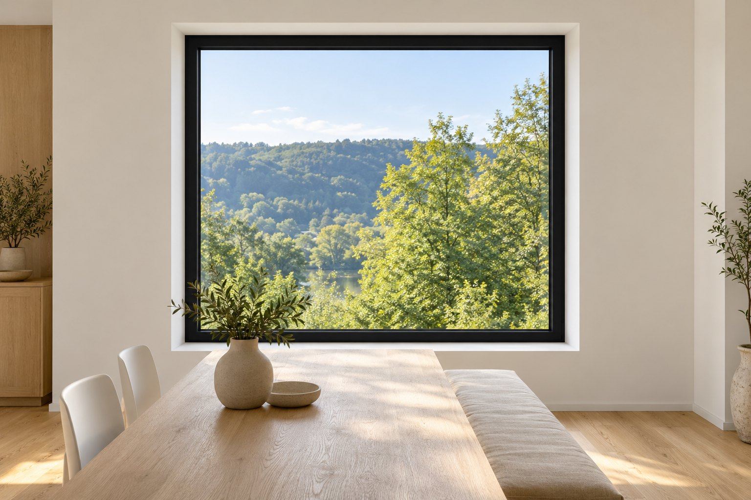 Großes Fenster mit schwarzem Rahmen in einem hellen Essbereich