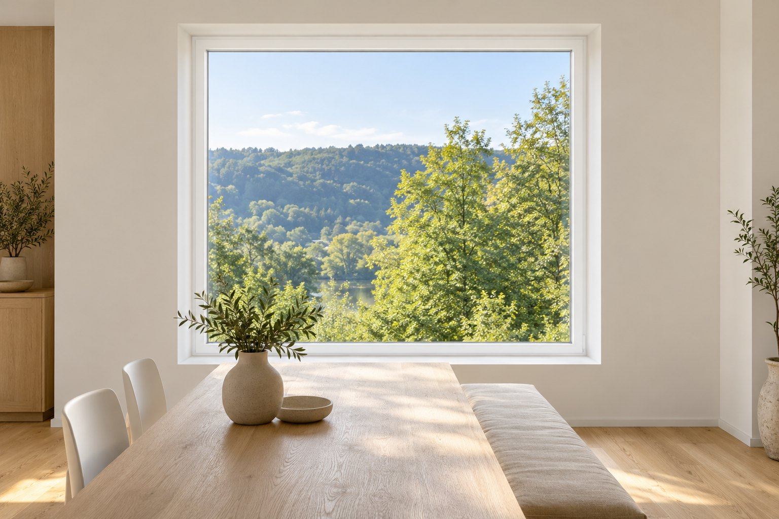 Heller Essbereich mit großem weiß gerahmtem Fenster und Blick ins Grüne