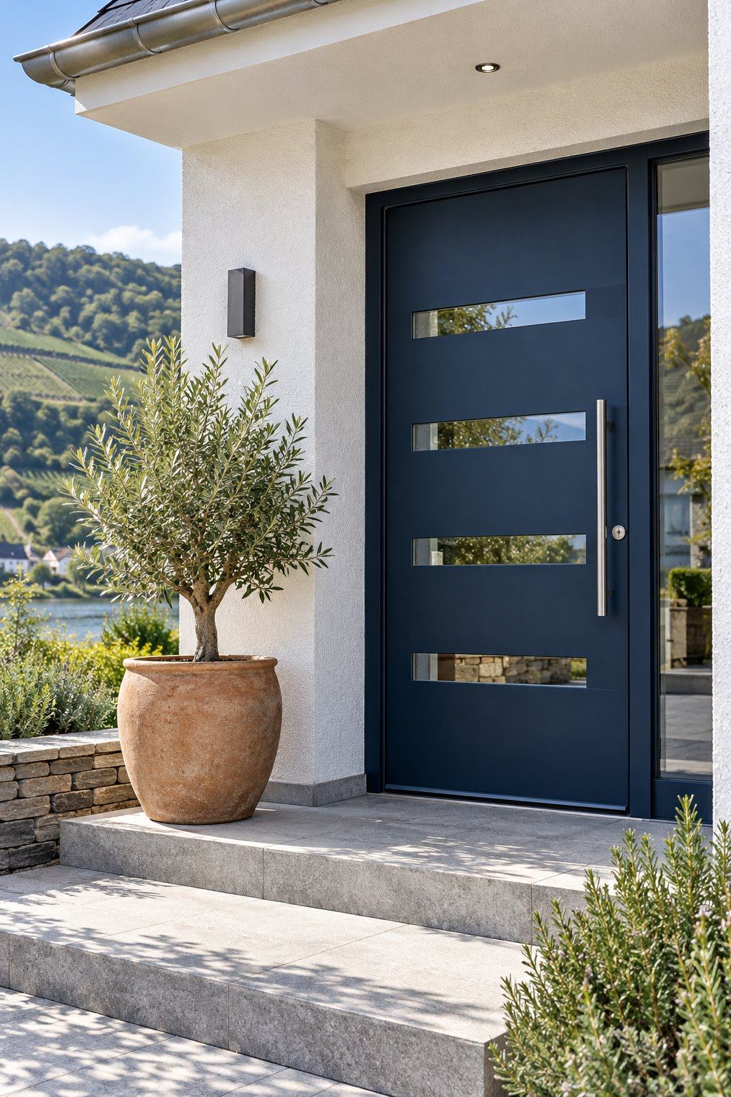 Dunkelblaue Haustür mit Glasstreifen an einer weißen Fassade, daneben ein Olivenbaum