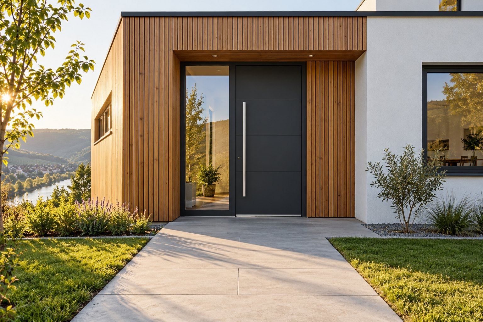 Anthrazitfarbene Haustür mit Glas-Seitenteil in einer Fassade aus Lärchenholz und weißem Putz