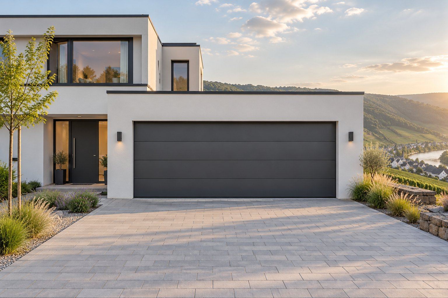 Modernes Flachdachhaus mit breitem anthrazitfarbenem Sektionaltor und Blick ins Moseltal