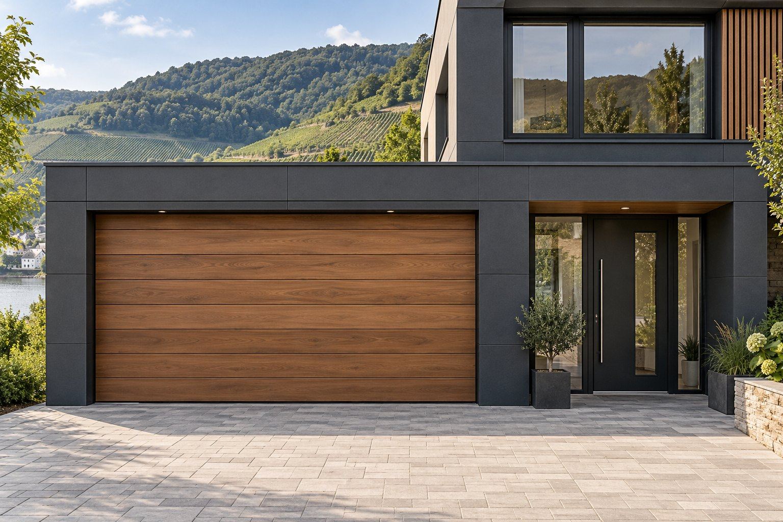 Modernes Haus mit anthrazitfarbener Fassade und Sektionaltor in Holzoptik
