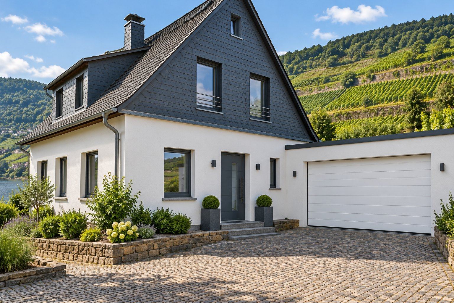 Moselhaus mit Schieferdach und weißem Sektionaltor, dahinter Weinberge