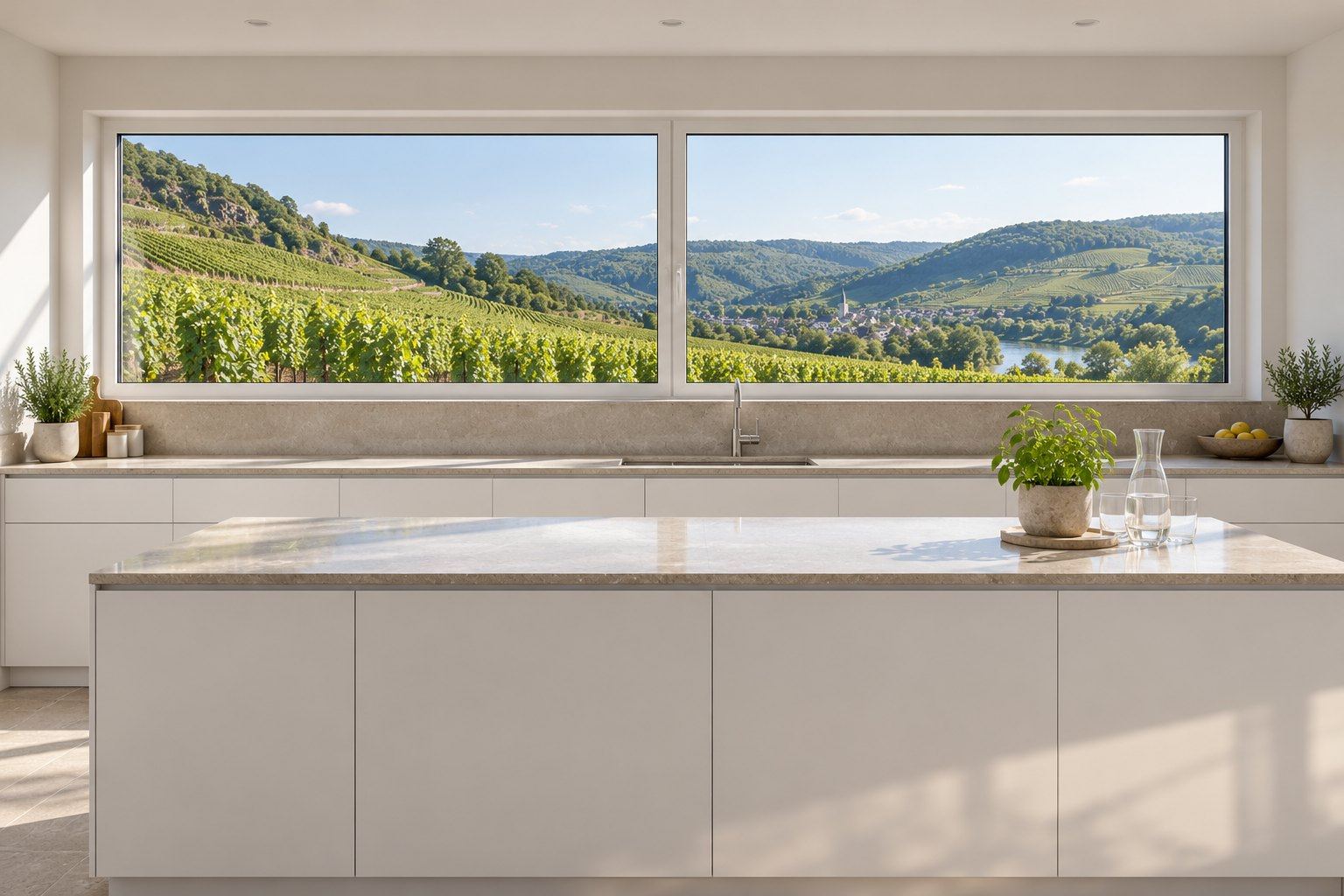 Helle Küche mit breitem, neu eingebautem Fensterband und Blick auf Weinberge