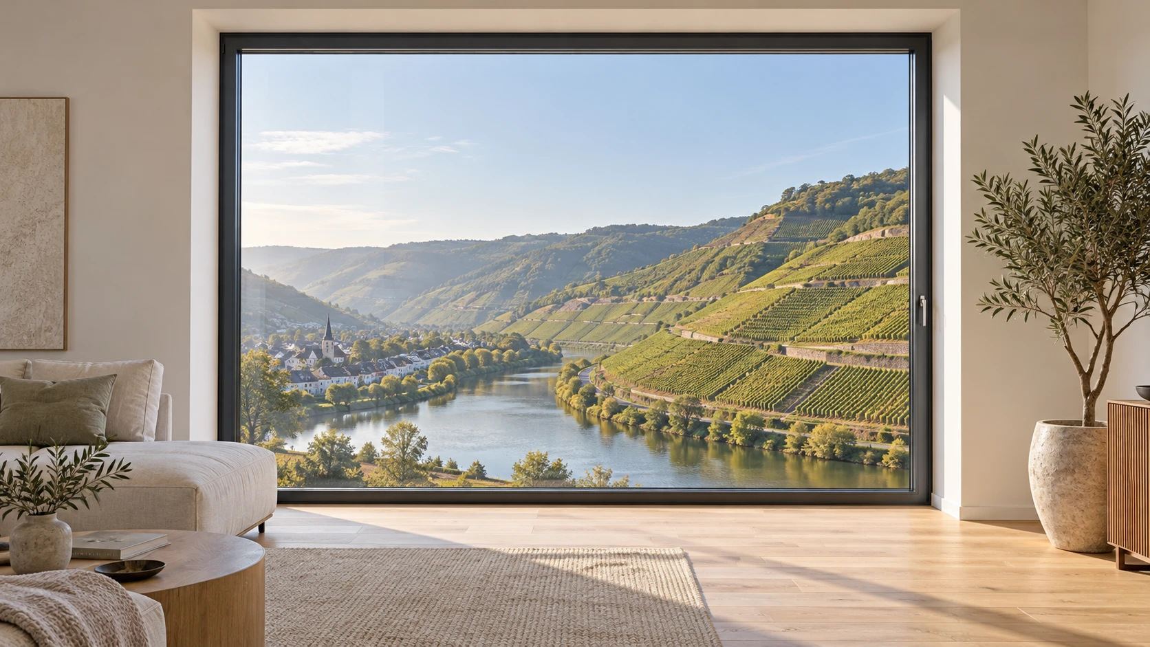 Großes Fenster mit schlanken anthrazitfarbenen Rahmen und Blick auf Weinberge an der Mosel