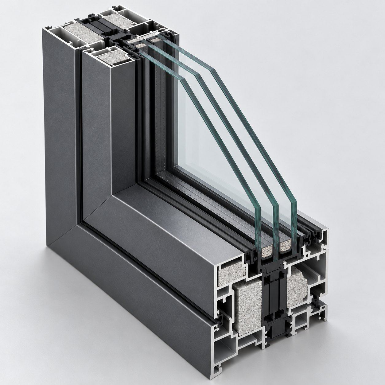 Schnittmodell eines anthrazitfarbenen Aluminiumprofils mit Isolierstegen, Dämmeinlagen und Dreifachverglasung