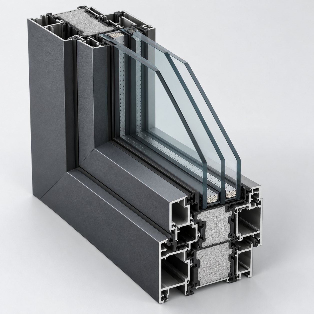 Schnittmodell eines tiefen Aluminiumprofils mit breiter, mit Dämmschaum gefüllter Dämmzone und Dreifachverglasung