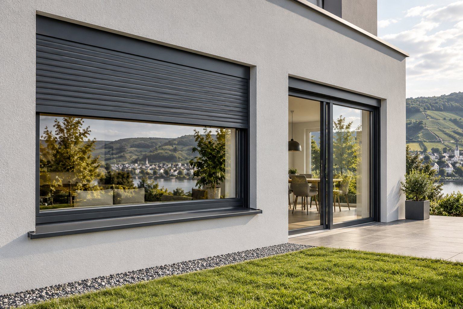 Helle Hausfassade mit großem Fenster und Terrassentür, Außenrollläden in Anthrazit, einer halb heruntergelassen