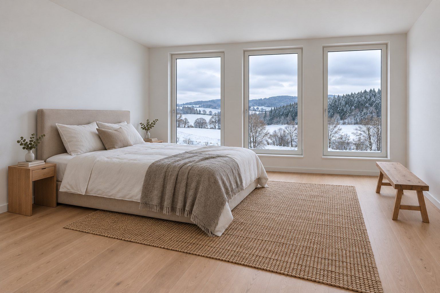 Helles Schlafzimmer mit drei hohen Fenstern und Blick auf eine verschneite Landschaft