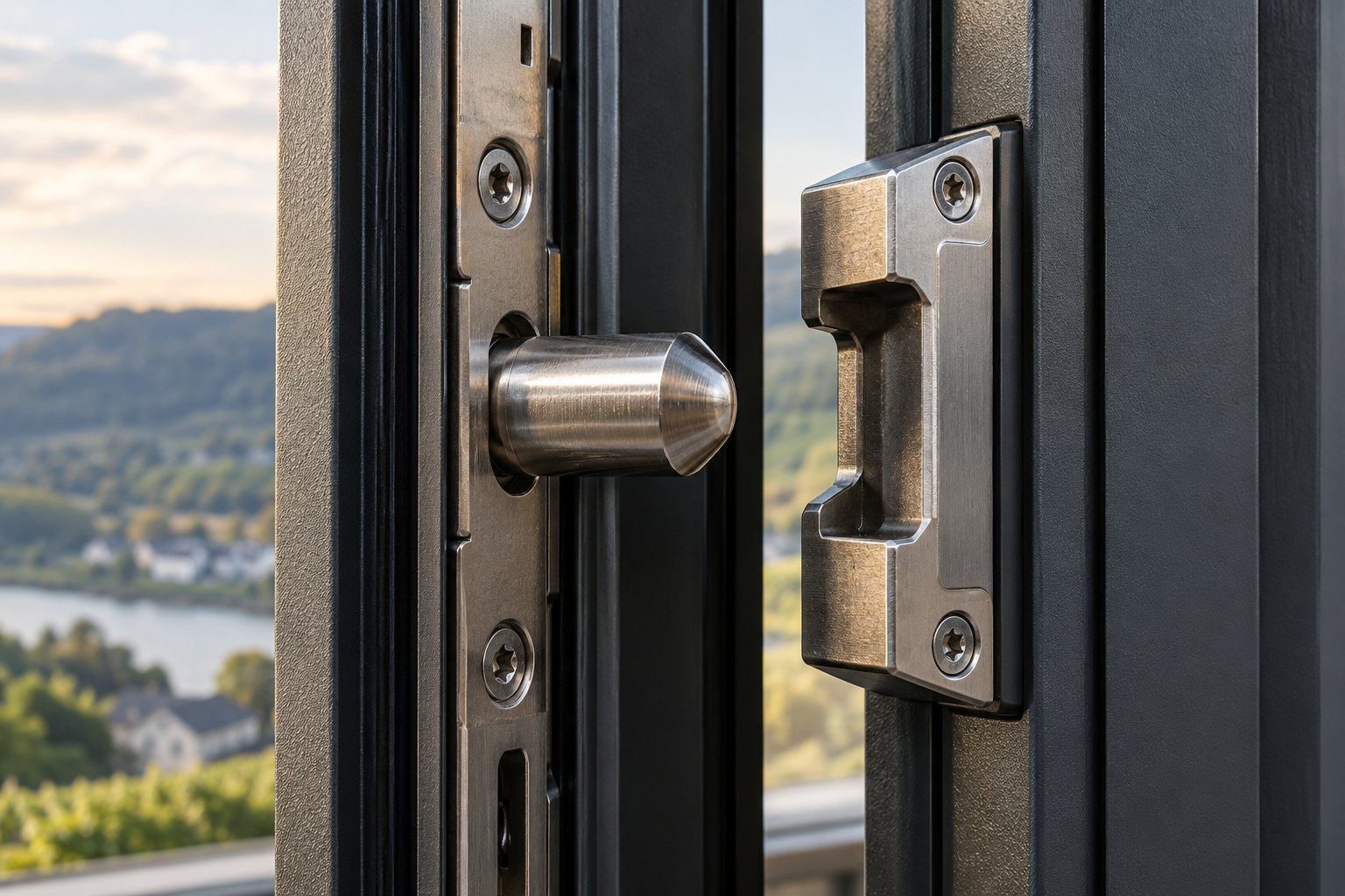 Gehärteter Sicherheitszapfen und massives Schließstück an einem anthrazitfarbenen Fensterrahmen
