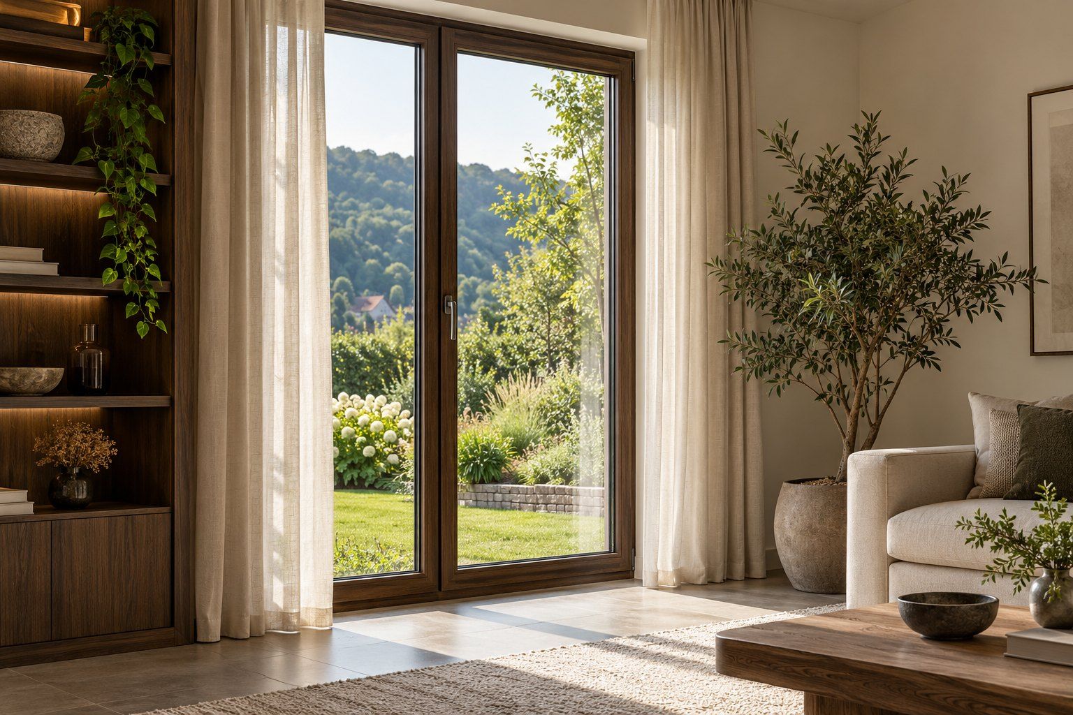 Wohnzimmer mit hohem Fenster in dunkler Holzoptik, Leinenvorhängen und Blick in den Garten